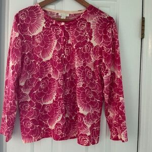 Garnet Hill Wool Cardigan Magenta Floral XL